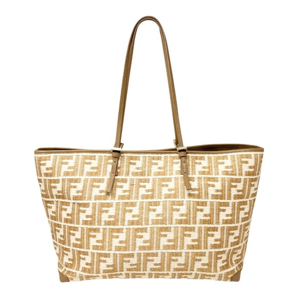 FENDI Vintage Zucca Straw Shoulder Tote Bag Beige Cream FF Logo Raffia [105689] - Picture 6 of 14